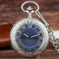 Mens Vintage Mechanical Pocket Watch Blue Dial Pocket Watch Glass Case Fob Chain