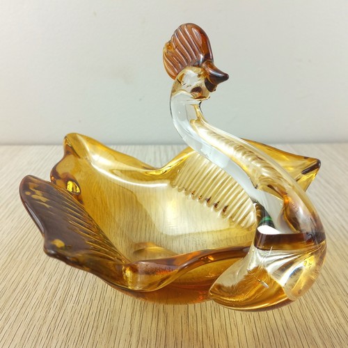 Hand-Blown Glass Vintage Japanese Swan Amber Body & Crest Clear Neck 22cm - Picture 3 of 11