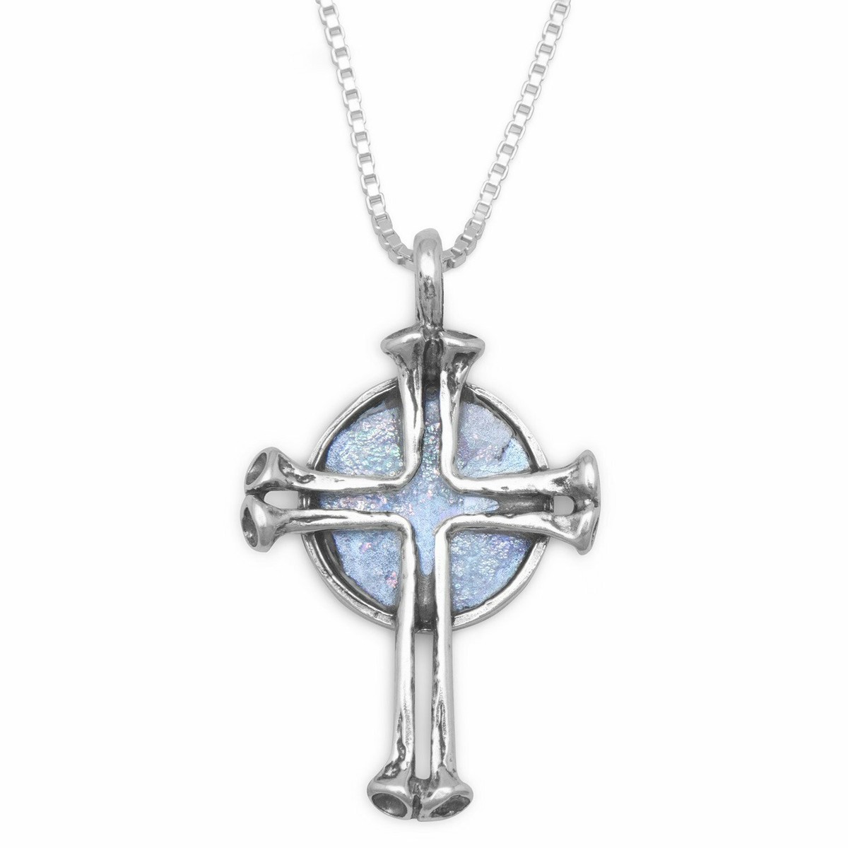 Ancient Roman Glass Necklace with Cut Out Cross Sterling Silver Ancient Roman Glass Necklace with Cut Out Cross Sterling Silver