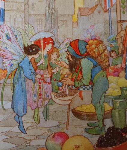 FLORENCE HARRISON ANTIQUE CHILDREN'S PRINT 1919 -THE FAIRY PEDLARS AT THE MARKET