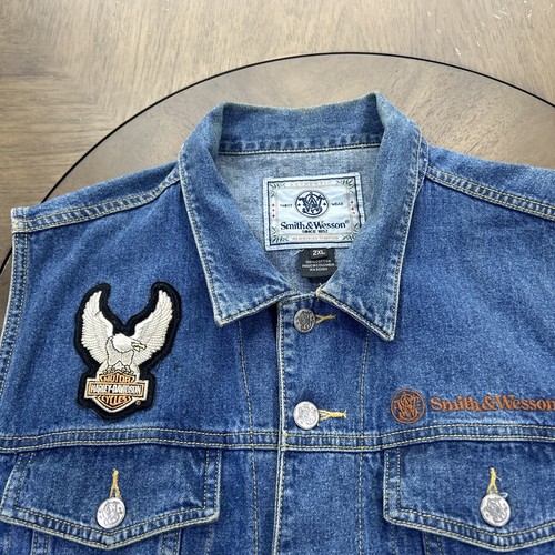 Vtg Smith & Wesson Embroidered Wolf Denim Vest Size XXL Harley Davison Patch - Picture 3 of 20