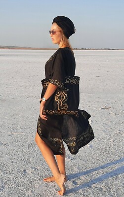 Black Gold Linen Elegant Long Maxi Greek Kaftan Dress Beach Wear