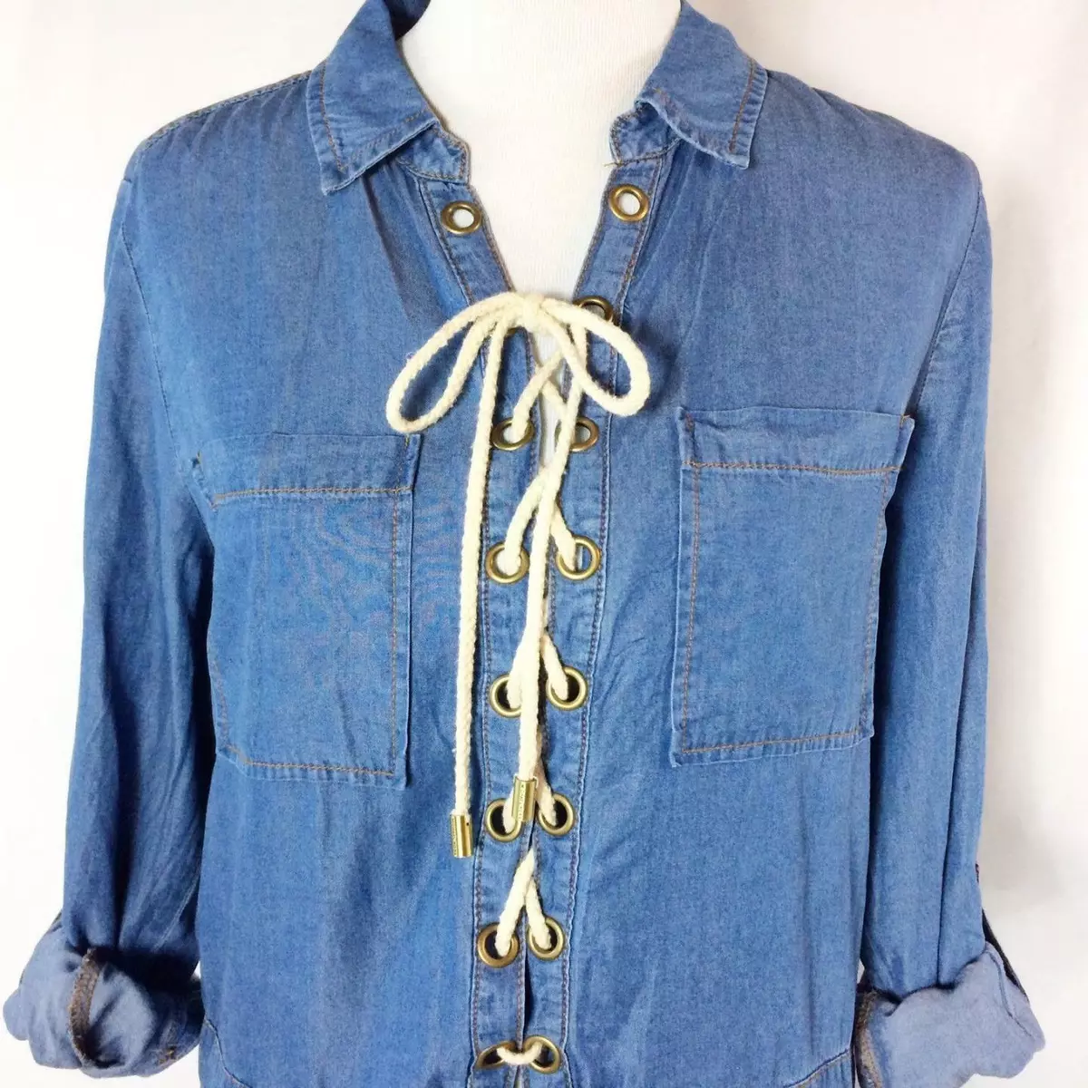 Michael Kors Women s XS Denim Romper w Lace Up Detail Jumpsuit