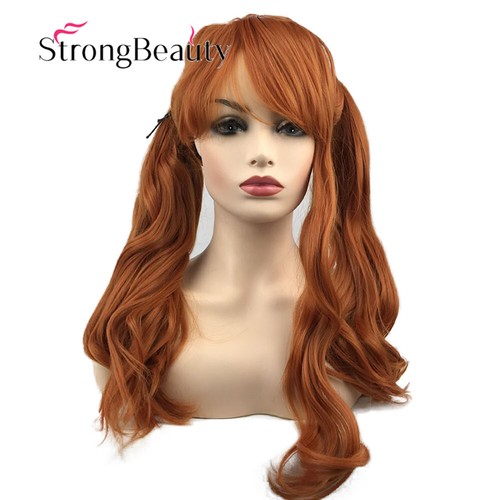 Women's Long Curly Wavy Bangs Double Ponytail Wig Orange Brown Cosplay Hair Wigs - Picture 2 of 5