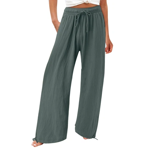 Women Loose High Waist Drawstring Cotton Linen Wide Leg Long Pants With Pockets - Picture 15 of 44