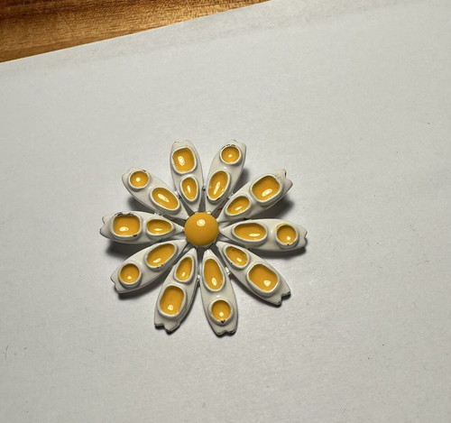 Signed Coro Brooch Pin White and Yellow Enamel Flower