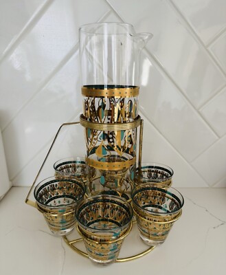 Fred Press Turquoise Cocktail Caddy Set Drinking Set 22kGold Original Holder MCM