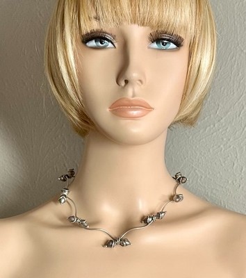 Artisan Crafted Sterling Silver Wire & Botanical Finial Collar Necklace 47 Grams