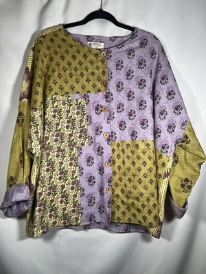 Handmade In India Cotton Embroidered Jacket Green patchwork Size 2X Boho Artsy