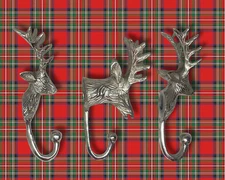 Set of 3 Stag Head Wall Hooks 7"L Silvertone Metal Rustic Lodge Decor Unbranded