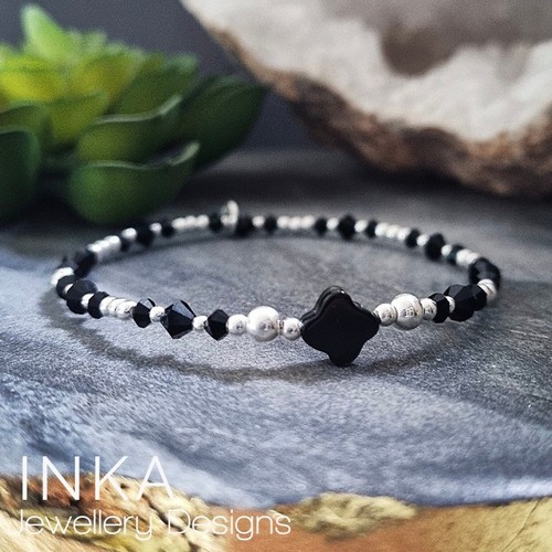 Inka 925 Sterling Silver BLACK CLOVER beaded Stacking Bracelet by INKA - Picture 9 of 9