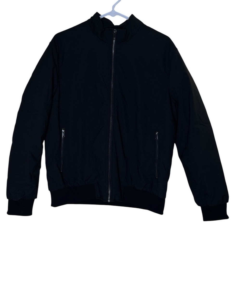 NWT TBY Men's Bomber Jacket Black Full Zip Quilted Orange Lining