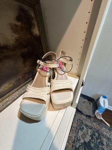 POP Applaud Cream Textured Platform Ankle Strap Wedge Sandals