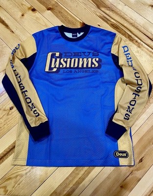 Deus Ex Machina Shirt Mens Medium Blue Yellow Mesh Moto Jersey Long Sleeve LA