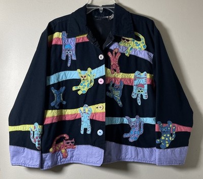 LIFE STYLE BUTTON UP LINEN BLEND JACKET WITH CAT PATCHES VINTAGE SIZE PETITE M