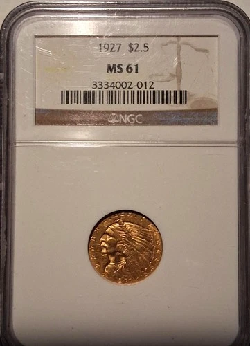 🔥1927 $2.5 GOLD INDIAN HEAD NGC MS61  ^ GOLD  ^^^^^^$