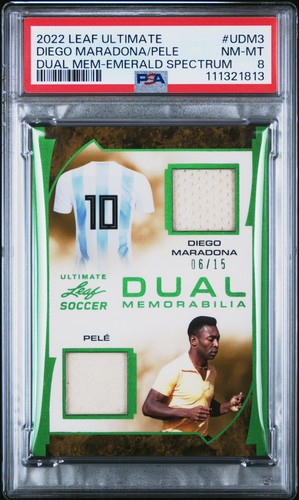 2022 LEAF ULTIMATE ULTIMATE DUAL MEMORABILIA DIEGO MARADONA/PELE 6/15 PSA 8