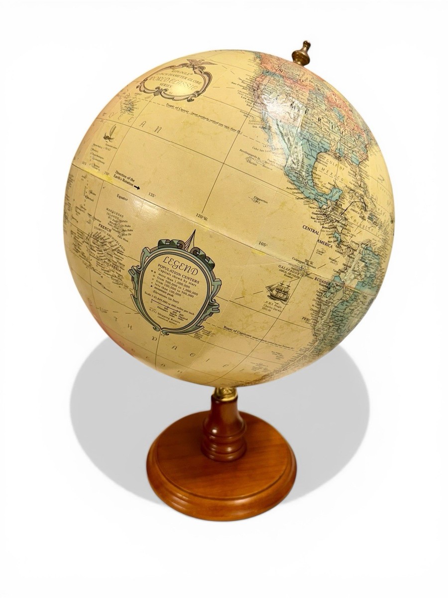 Vintage Replogle 12” World Classic Globe Wood Brass Stand 17” Tall