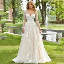 Lace Sweetheart Wedding Dress Long Sleeves Bride Gowns Backless Applique Sweep