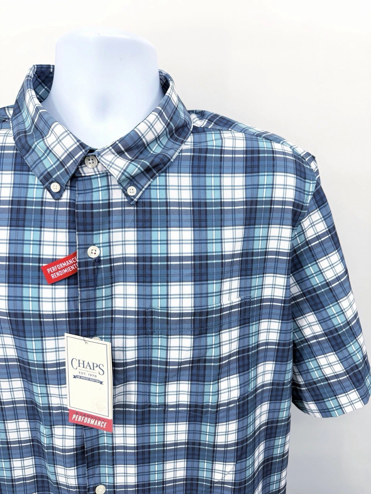 NWT Chaps Performance Men's 2XL Stretch Lightweight Shirt Blue Check S/S XXL