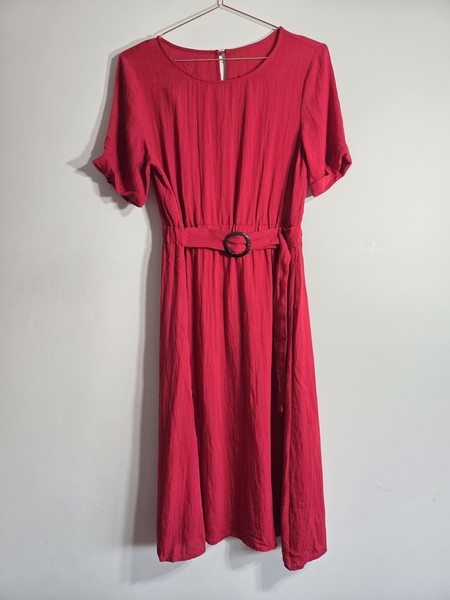 UNBRANDED  Size 10 Red Midi A-Line Dress M Short Sleeve Belted Buckle Round Neck