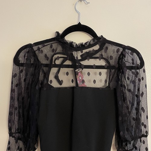 Boohoo Women 8 Black Polka Dot Mesh Puff Sleeve Ruffle Tie Neck Bodysuit NWT - 第 15/15 張圖片