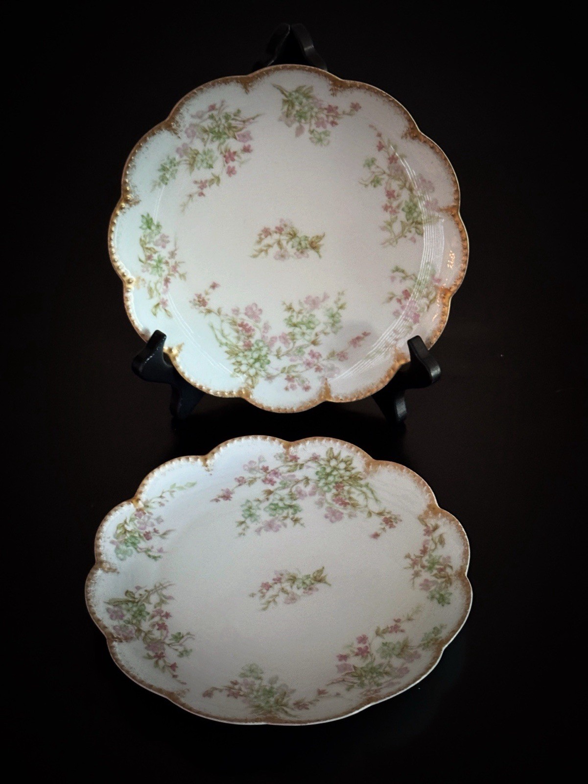 2 VTG HAVILAND & CO Limoges Floral Plates w/ Scalloped Gold Border 7 1/2” France