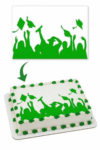 Green Graduation Cap Toss Silhouette Edible Cake Topper Image Frosting Sheet - Picture 2 of 13