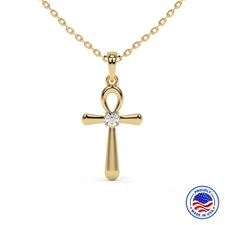 Egyptian Ankh Cross Pendant, Round Lab Grown Diamond Pendant Necklace - 14K Gold