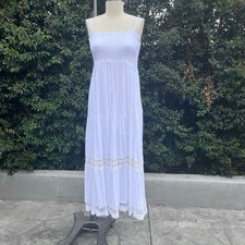 White Boho Maxi Dress Smocked Bodice Lace Trim Sleeveless Cottagecore No Tags