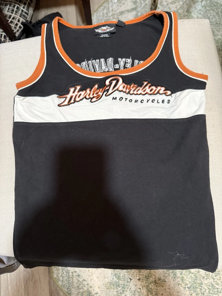 Camiseta sin mangas Harley-Davidson para mujer negra blanca a rayas 2008 talla XS excelente estado Foto 3 de 4