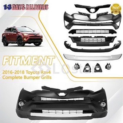 Complete Front Bumper Grille Skid Plate Fog Lights Set For 2016-2018 Toyota Rav4