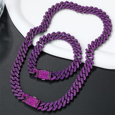 Hip Hop Iced Out Kubanische Gliederkette Armband Set Lila Raute 2 Reihen Geschenk Männer