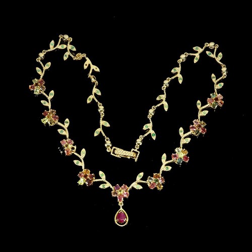 Summer 925 Silver Necklace Pear Ruby Emerald Tourmaline Gemstone Jewelry 18in - Picture 2 of 13