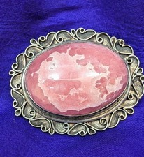 Sterling Silver Pink Rhodochrosite Brooch 925 Marked Handcrafted Antiqued Finish
