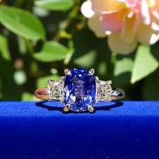 3.10 Ct Natural Blue Sapphire Cushion Cut Diamond Wedding 14k White Gold Ring