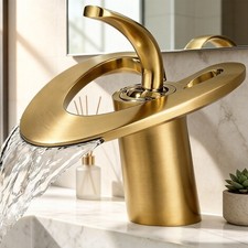 Single Handle Bathroom Sink Faucet Waterfall Brushed Gold Basin Vanity Mixer Tap
