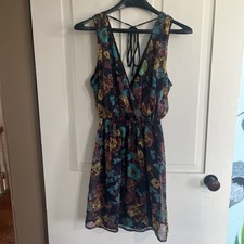 Forever 21 Floral Mini Dress Small Deep Plunge Neckline Tie Straps Elastic Waist