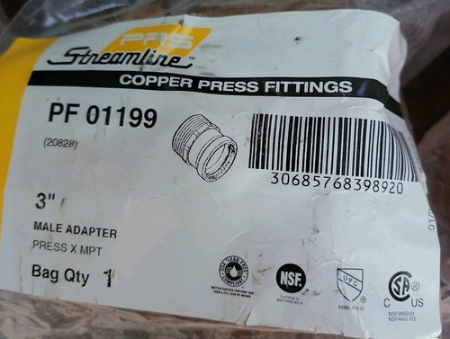 Streamline Copper Press Fit Male Adapter 3" PF 01199 Press x MPT