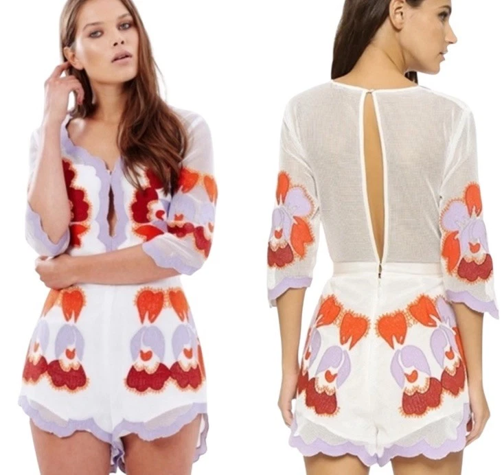 Traje de Juego Alice McCall Malla Bordada Nunca Nunca Nunca Mameluco Talla EE. UU. 8 Blanco Púrpura Foto 2 de 4