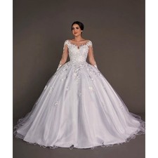White Appliques Wedding Dress Ball Gown Sweep Train Tulle Zipper Bridal Gown