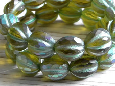 6 - 10mm CZECH MATTE FROSTED OLIVE GREEN AB FACETED MELON GLASS BEADS, OLIVINE
