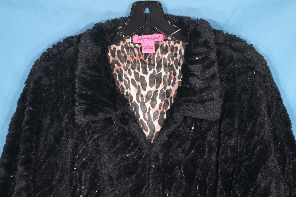 Chaqueta BETSEY JOHNSON PIEL SINTÉTICA SUAVE LENTEJUELAS NEGRAS Bolsillos CIERRE OJO GANCHO XL Foto 2 de 4