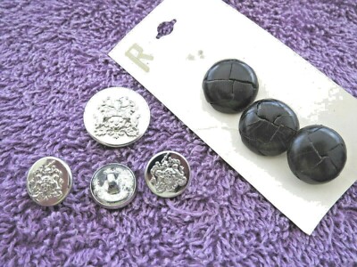 Vintage ~ 3 Leather BUTTONS on Card.plus 4 Metal Embossed Crests ~ 7 pieces