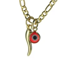 Gold Cornicello with Evil Eye Necklace Luck Protection Combo Charm Horn Corno nb