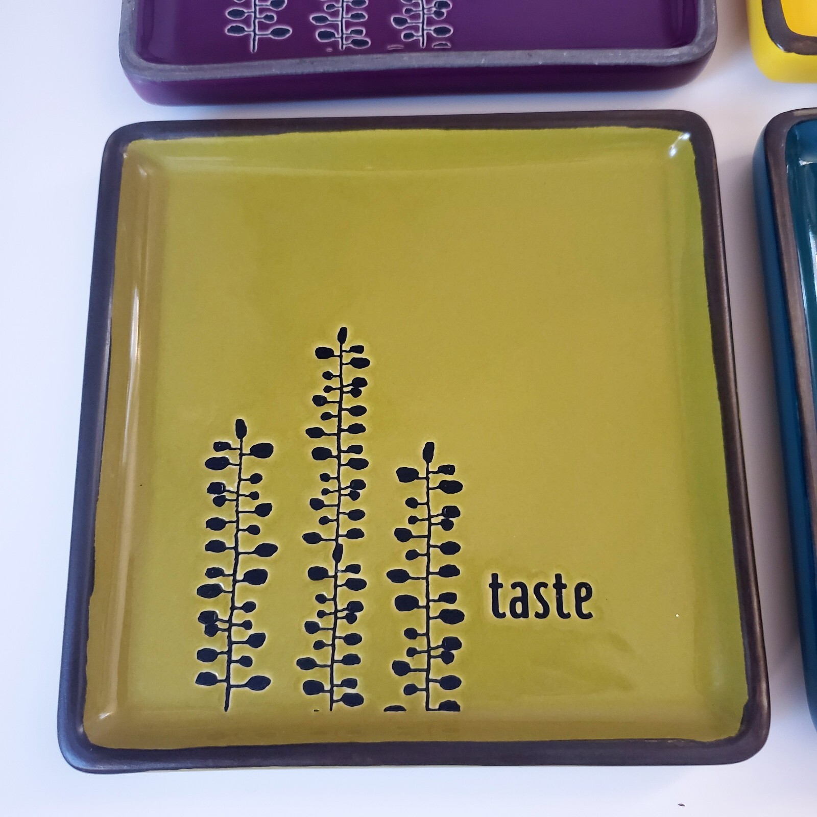 Square Stoneware Dessert Plate Set of 4 Floral Plant Embossed Modern Design eBay