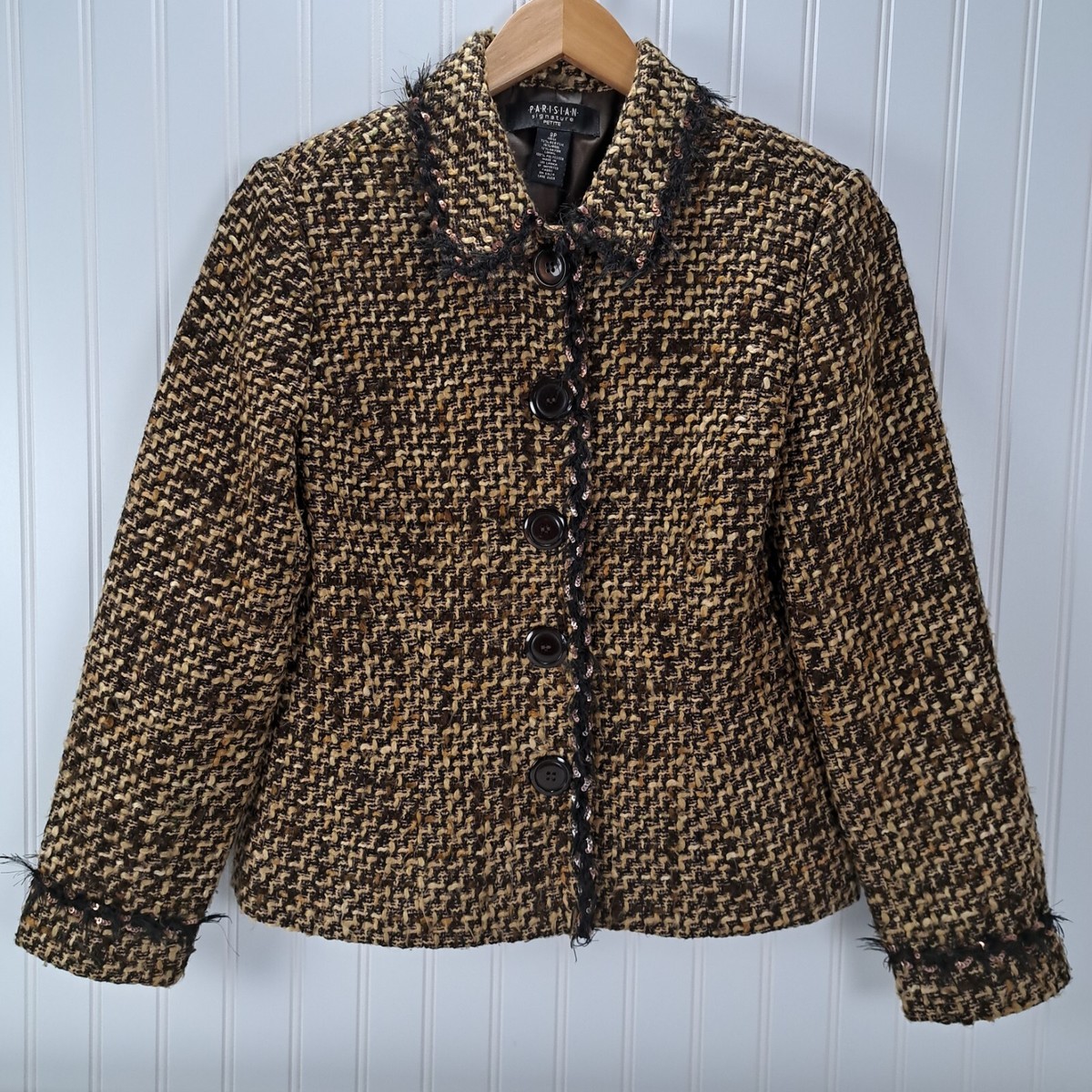 VTG 90s Parisian Blazer Womens 8P Brown Wool Blend Textured