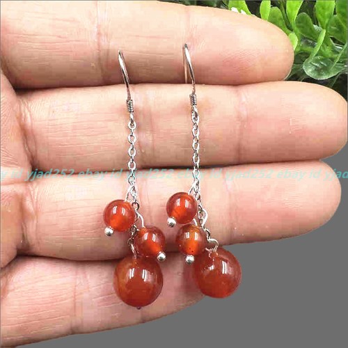 Natural 6mm & 10mm Red Carnelian Gemstones & Long Drop Elegant Handmade Earrings - Picture 8 of 14