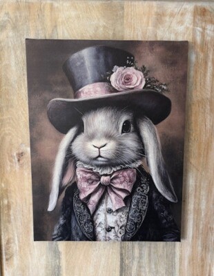 New Primitive Easter VINTAGE TOP HAT BUNNY PICTURE Wall Art Hanging 16''