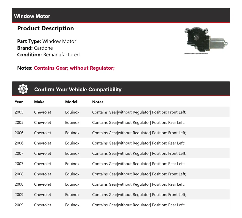 For 2005-2009 Chevrolet Equinox Window Motor Cardone 2006 2007 2008 - Image 2 of 4